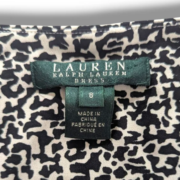 Lauren Ralph Lauren Black White Printed Ruched A Line Jersey Knit Dress Size 8 - Picture 3 of 12